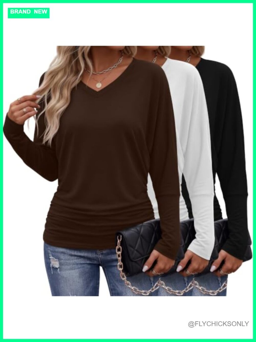 Womens 3 Pack Dolman Long Sleeve Tops V-Neck Flowy Bat Wing Shirts